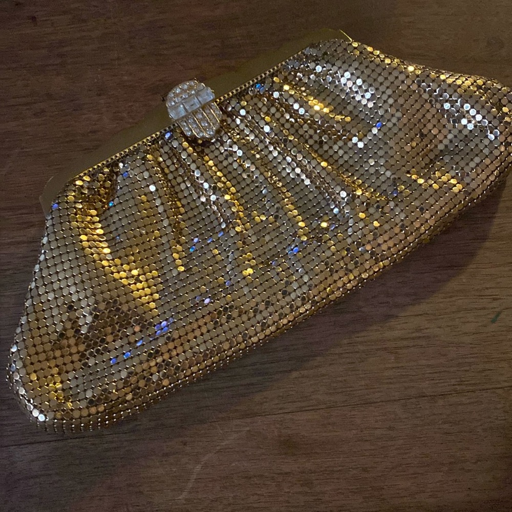 1940's Gold Mesh Clutch from Whiting & Davis Made in USA Label Rhinestone snap